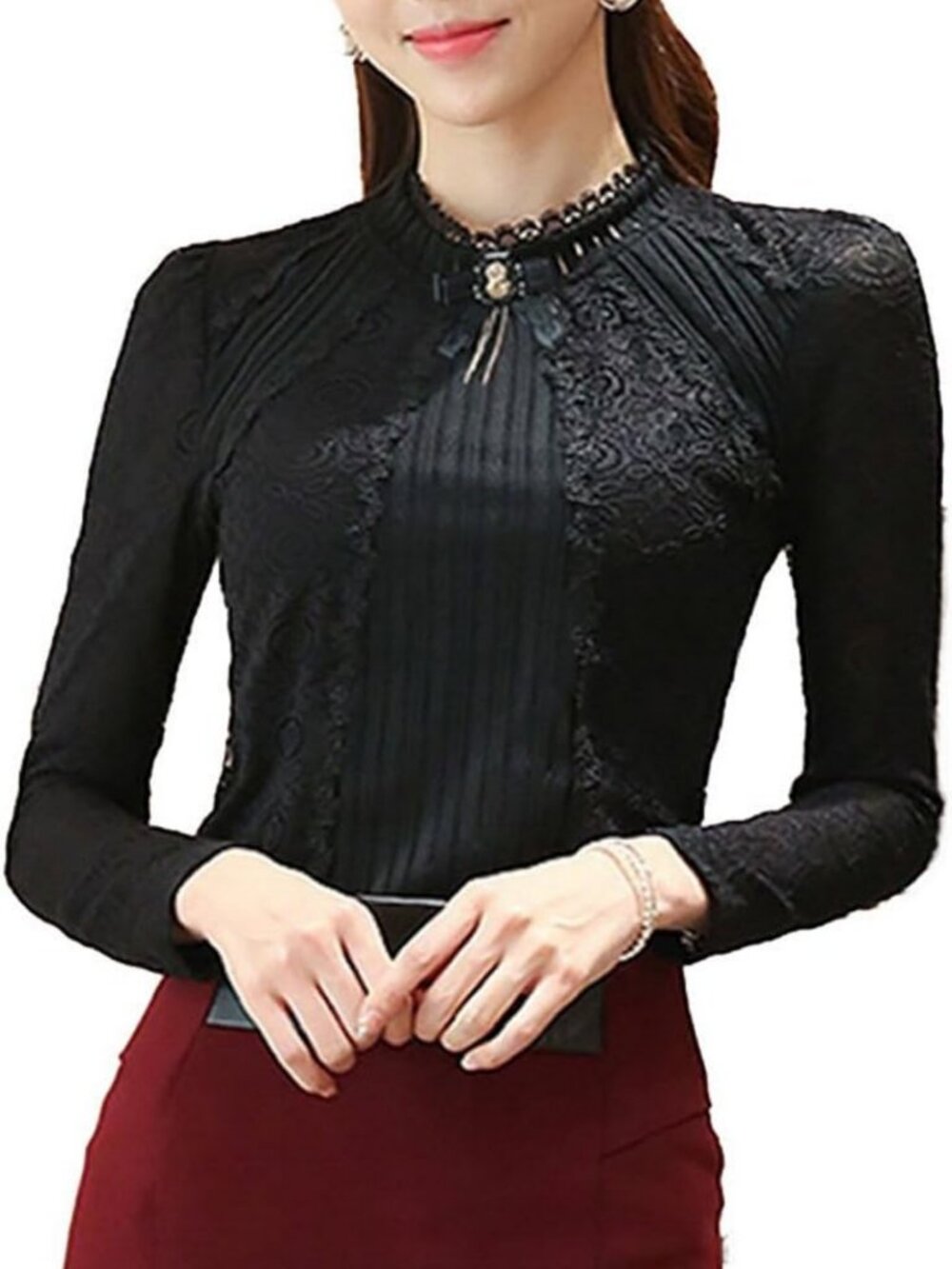 Vintage Beaded Pleated Long Sleeve Lace Blouse - Stretchy Button-Up Top for